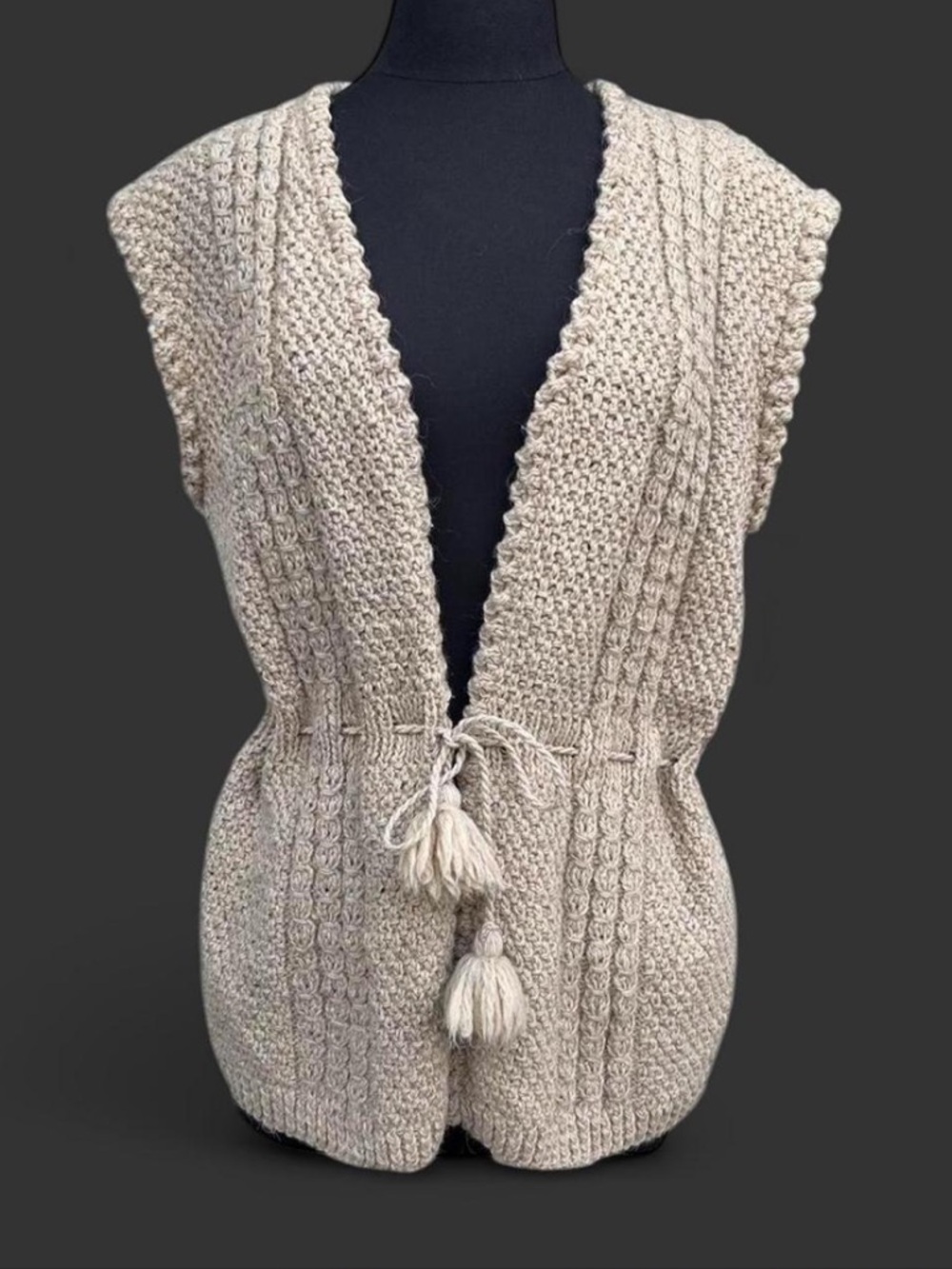 Oatmeal Tan Knit Wool Blend Sweater Vest, Cinched Waist Tie, Boho Cottagecore